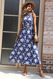 Dark Blue Floral Halter A Line Long Summer Dress with Keyhole