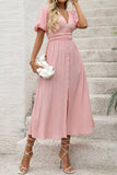 Blush A Line V Neck Puff Sleeves Long Summer Dress with Slit