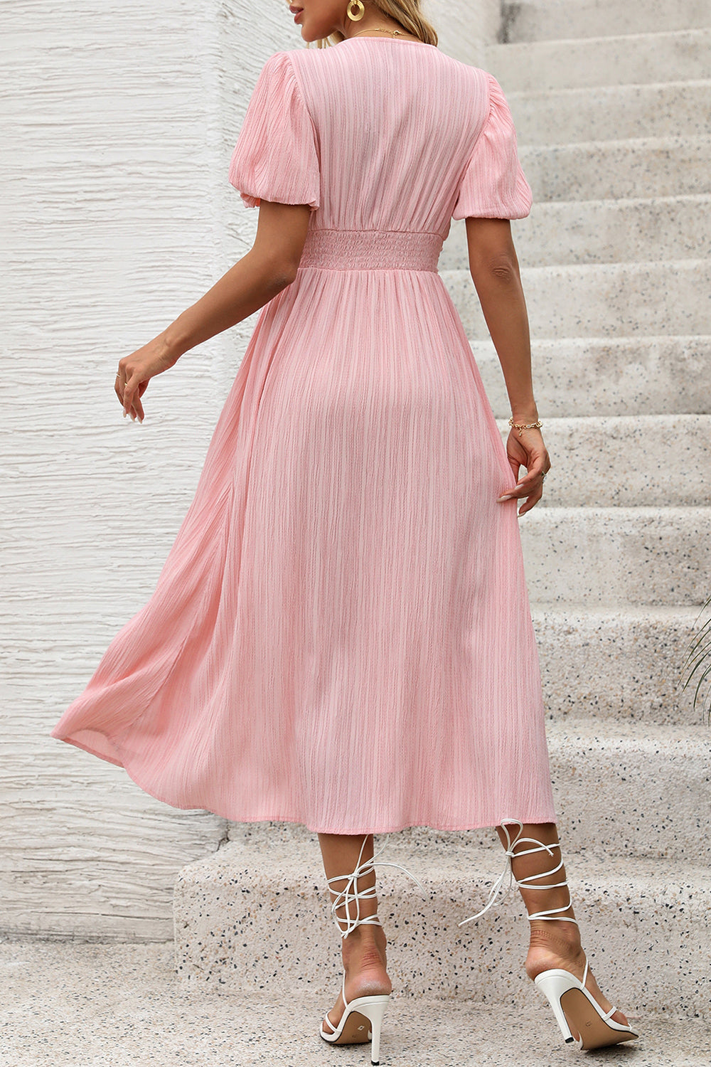 Blush A Line V Neck Puff Sleeves Long Summer Dress with Slit