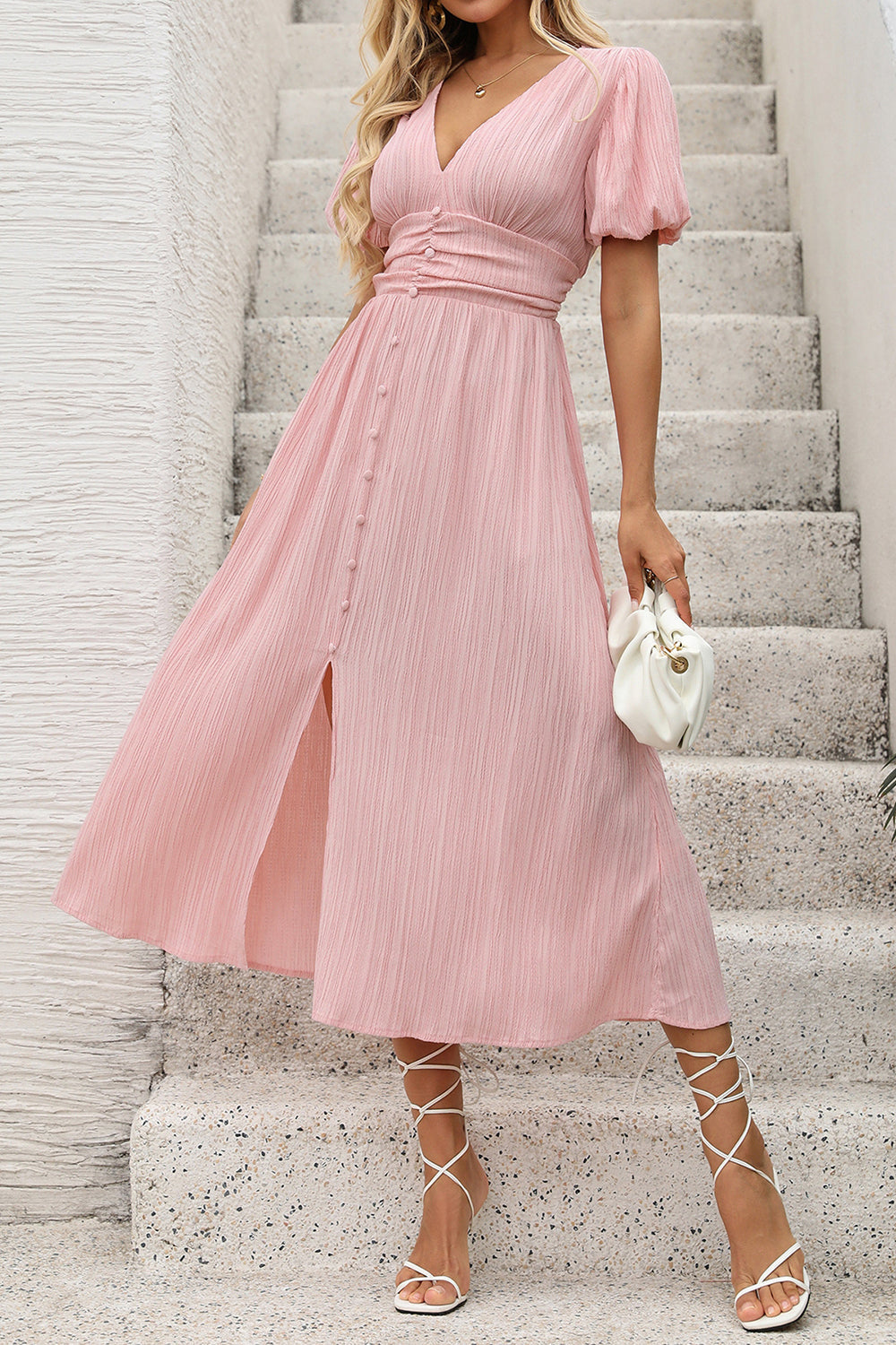 Blush A Line V Neck Puff Sleeves Long Summer Dress with Slit