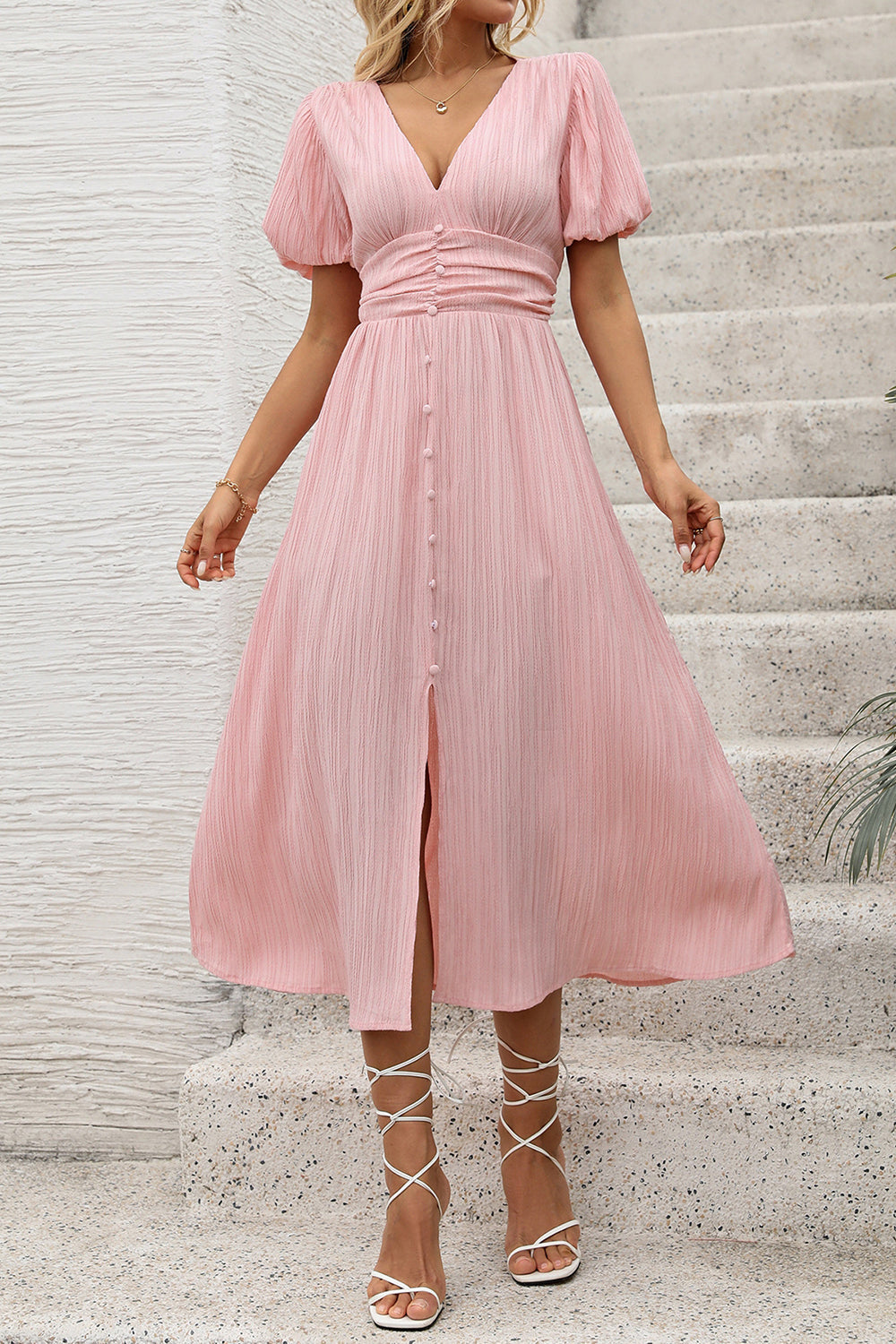Blush A Line V Neck Puff Sleeves Long Summer Dress with Slit