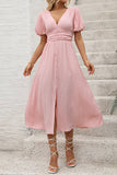 Blush A Line V Neck Puff Sleeves Long Summer Dress with Slit