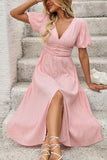 Blush A Line V Neck Puff Sleeves Long Summer Dress with Slit