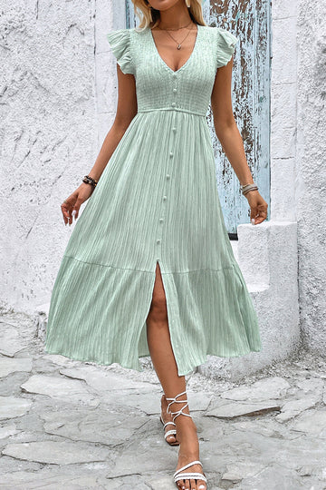 Light Green V Neck A Line Long Summer Dress with Ruffle Sleeves