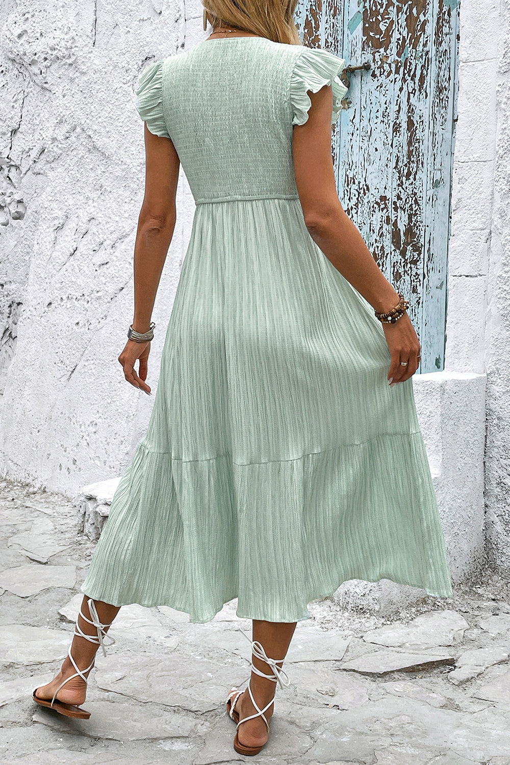 Light Green V Neck A Line Long Summer Dress with Ruffle Sleeves