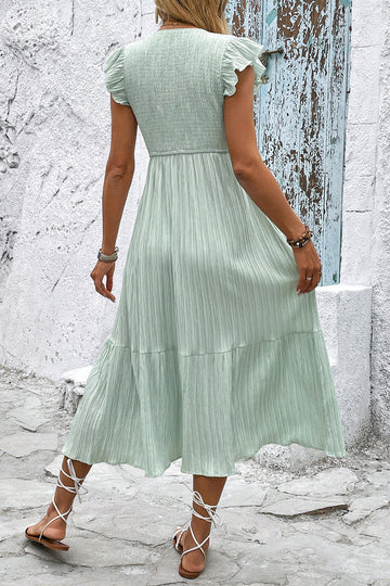 Light Green V Neck A Line Long Summer Dress with Ruffle Sleeves