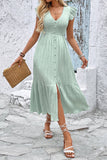 Light Green V Neck A Line Long Summer Dress with Ruffle Sleeves