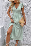 Light Green V Neck A Line Long Summer Dress with Ruffle Sleeves