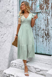 Light Green V Neck A Line Long Summer Dress with Ruffle Sleeves