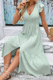 Light Green V Neck A Line Long Summer Dress with Ruffle Sleeves
