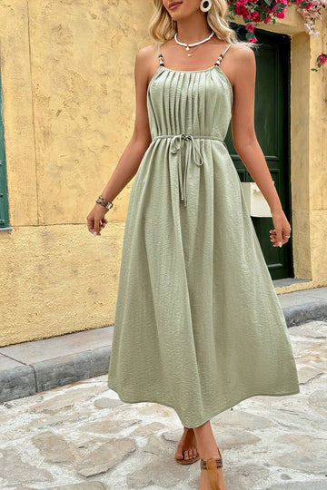 Green Spaghetti Straps A Line Pleated Long Summer Dress with Sash