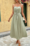 Green Spaghetti Straps A Line Pleated Long Summer Dress with Sash