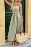 Green Spaghetti Straps A Line Pleated Long Summer Dress with Sash