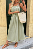 Green Spaghetti Straps A Line Pleated Long Summer Dress with Sash
