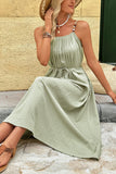 Green Spaghetti Straps A Line Pleated Long Summer Dress with Sash