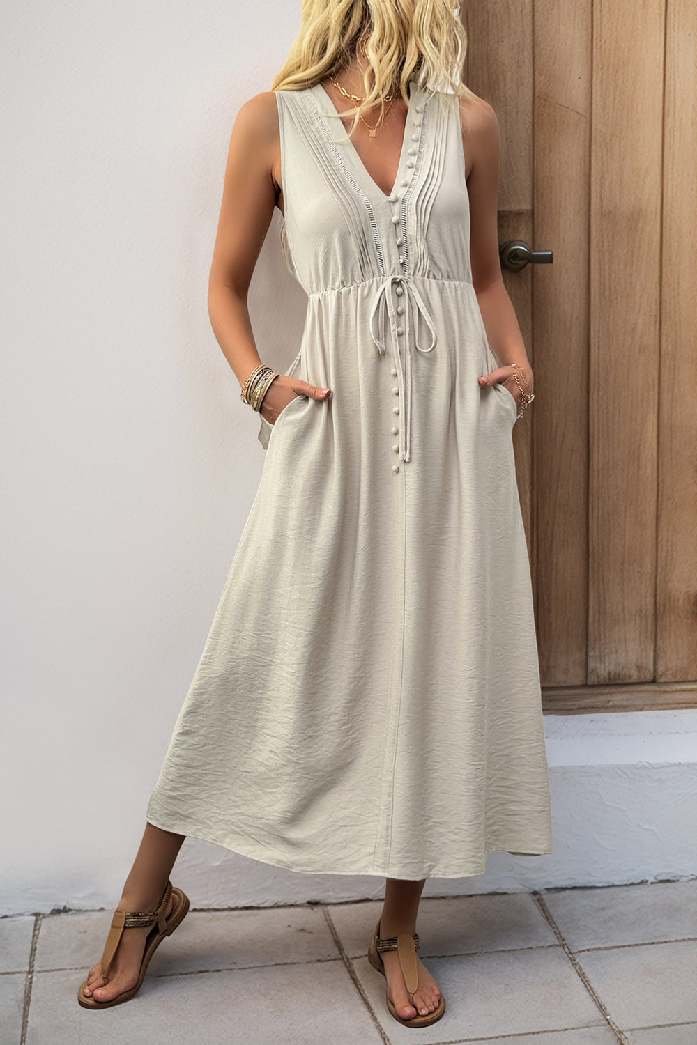 Khaki V Neck A Line Long Summer Dress with Pockets