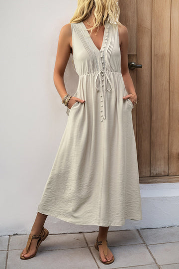 Khaki V Neck A Line Long Summer Dress with Pockets