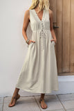 Khaki V Neck A Line Long Summer Dress with Pockets