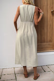 Khaki V Neck A Line Long Summer Dress with Pockets