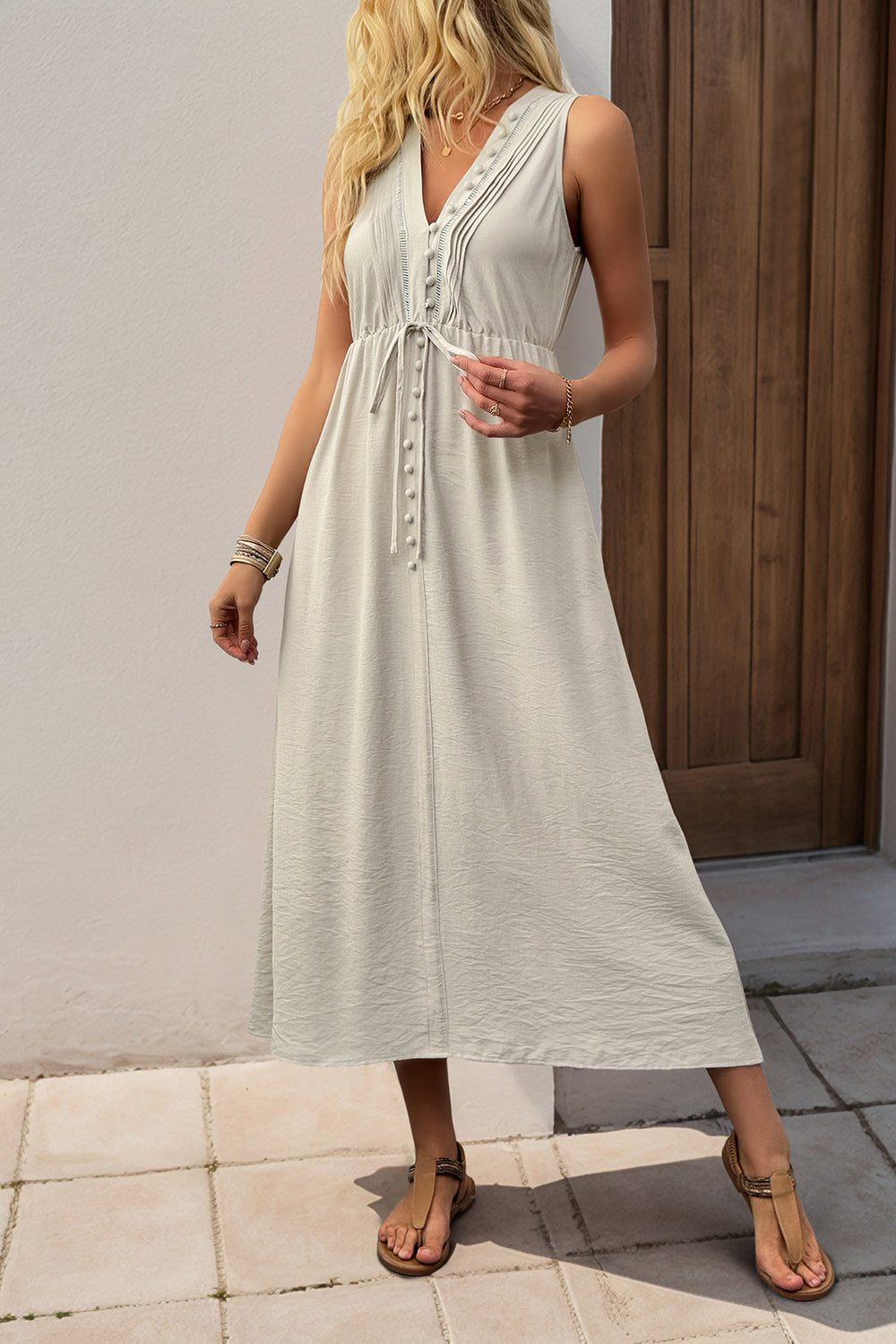 Khaki V Neck A Line Long Summer Dress with Pockets