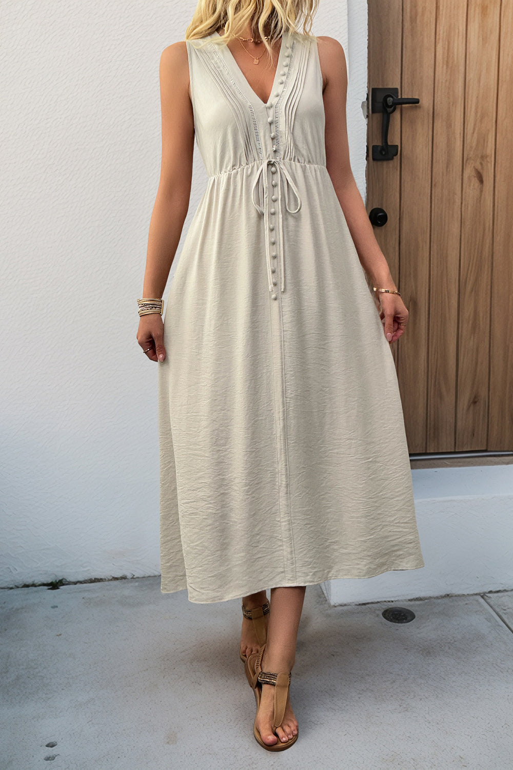 Khaki V Neck A Line Long Summer Dress with Pockets