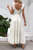 White Satin V Neck A Line Ruffled Long Summer Dress
