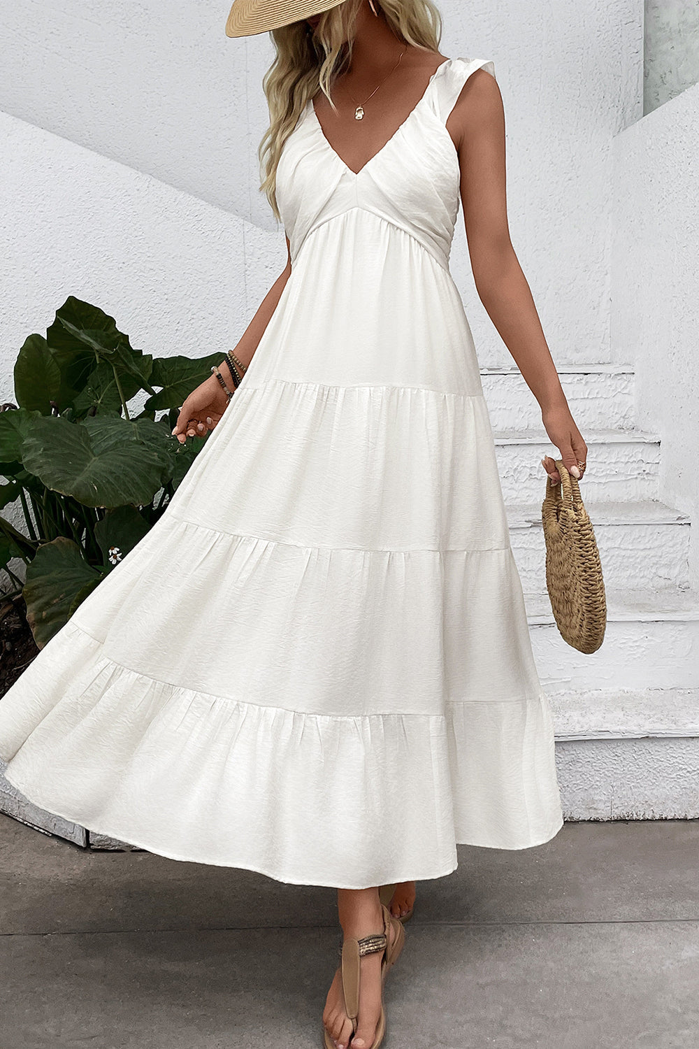 White Satin V Neck A Line Ruffled Long Summer Dress