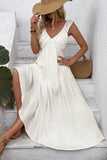 White Satin V Neck A Line Ruffled Long Summer Dress
