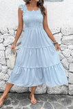 Blue Striped Square Neck A Line Midi Summer Dress with Ruffles