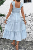 Blue Striped Square Neck A Line Midi Summer Dress with Ruffles