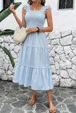 Blue Striped Square Neck A Line Midi Summer Dress with Ruffles