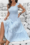 Blue Striped Square Neck A Line Midi Summer Dress with Ruffles