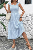 Blue Striped Square Neck A Line Midi Summer Dress with Ruffles