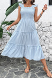 Blue Striped Square Neck A Line Midi Summer Dress with Ruffles