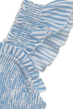 Blue Striped Square Neck A Line Midi Summer Dress with Ruffles