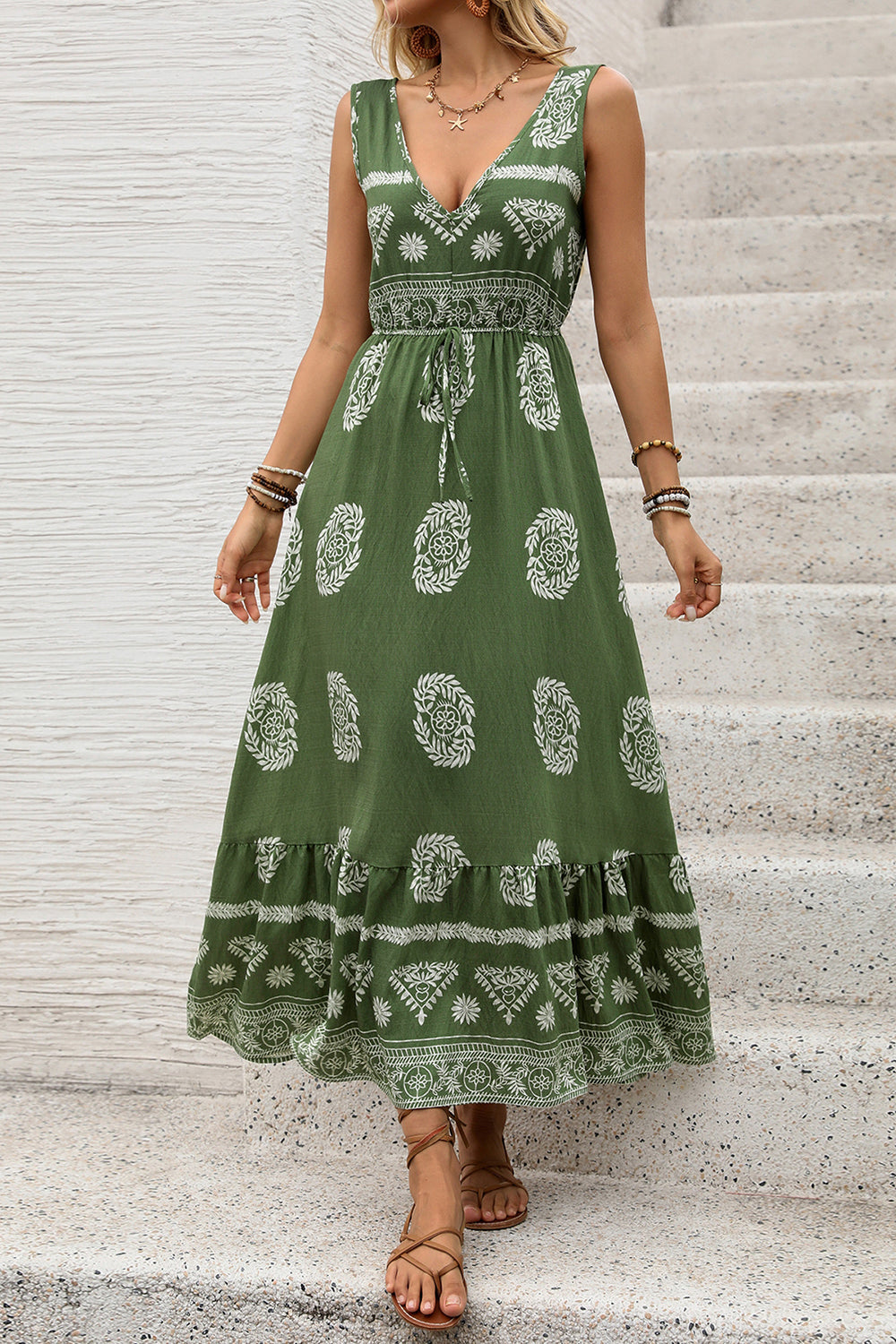 Army Green V Neck Printed A Line Long Summer Dress