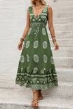 Army Green V Neck Printed A Line Long Summer Dress