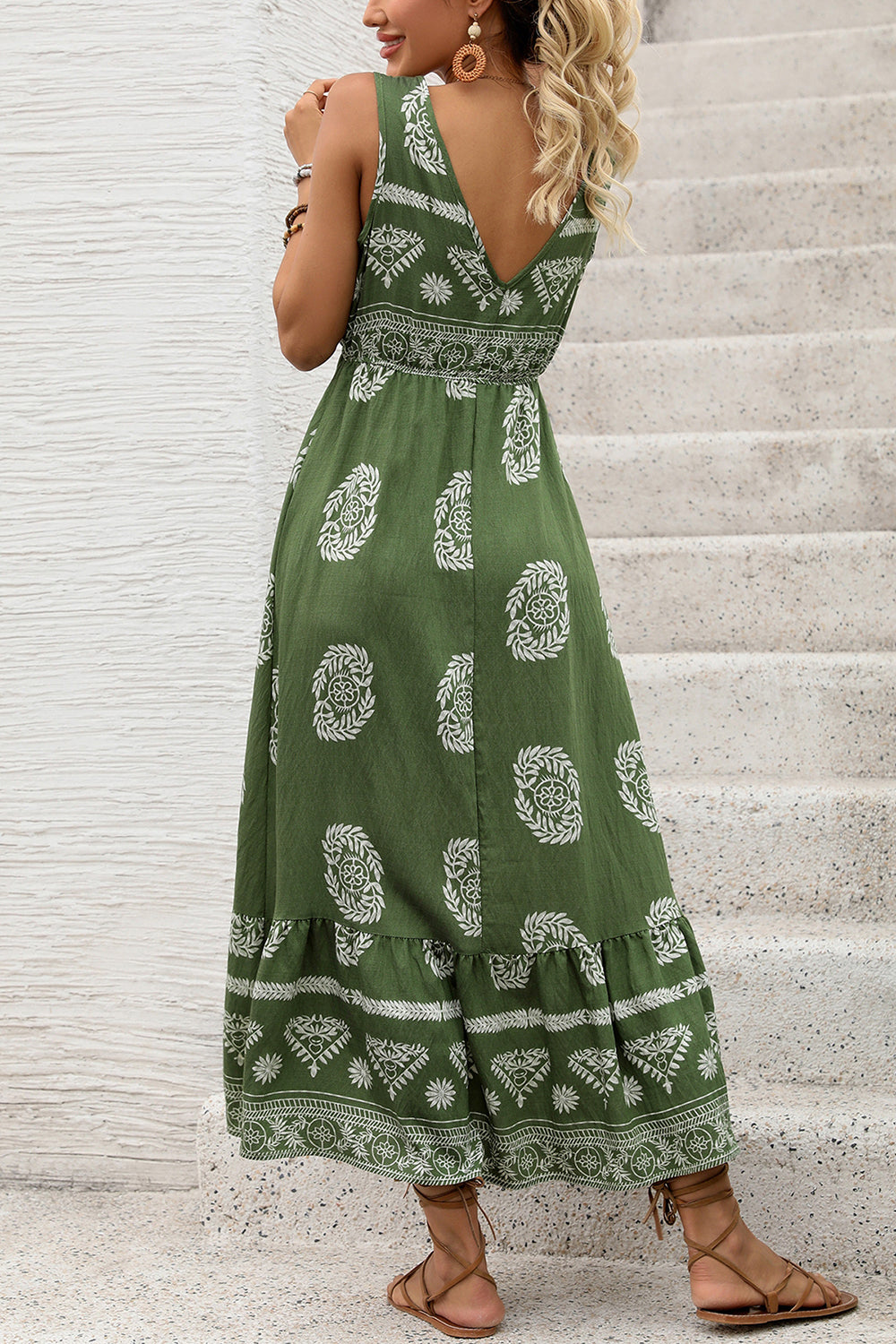 Army Green V Neck Printed A Line Long Summer Dress