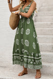 Army Green V Neck Printed A Line Long Summer Dress