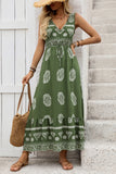 Army Green V Neck Printed A Line Long Summer Dress