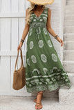 Army Green V Neck Printed A Line Long Summer Dress