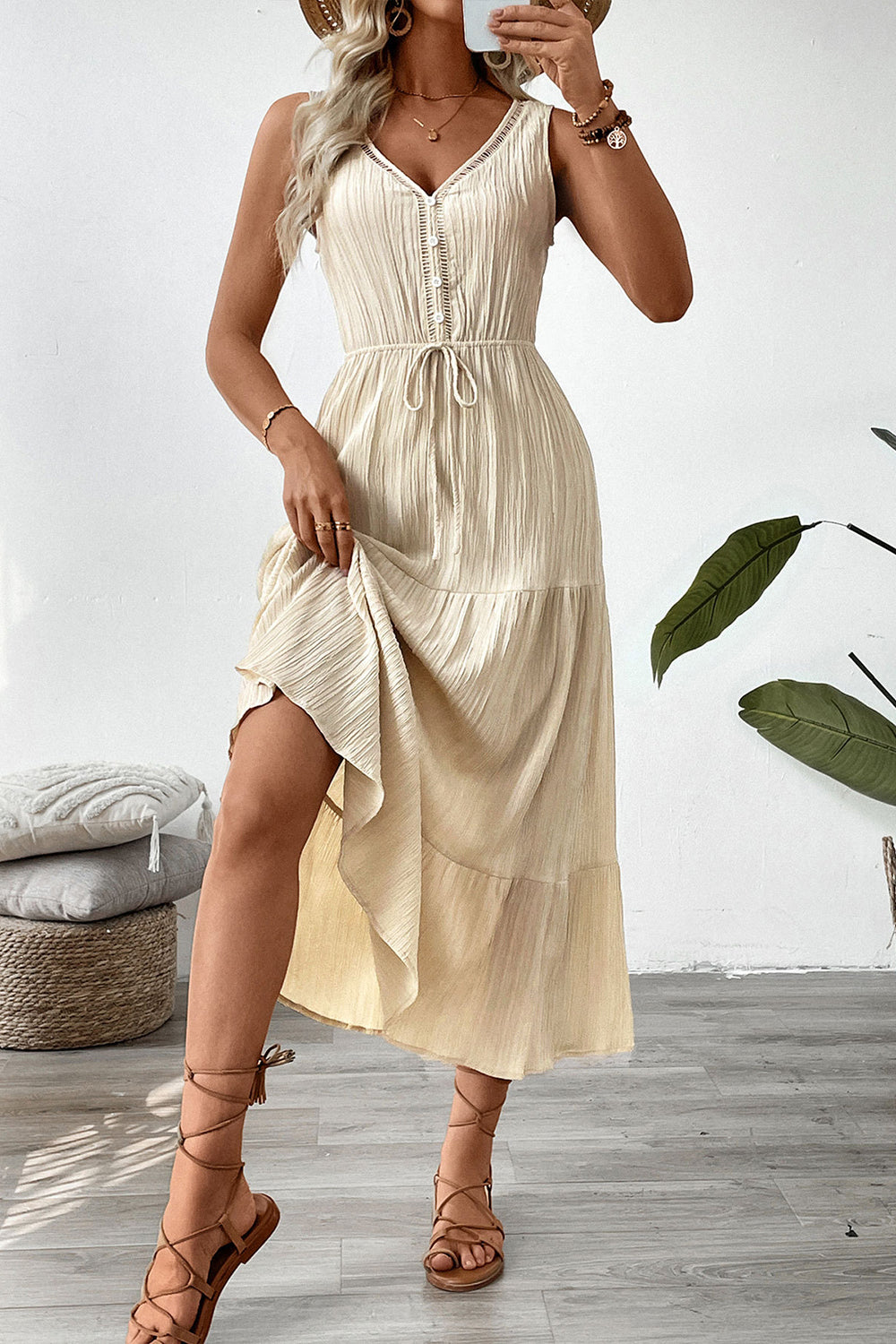 Apricot A Line V Neck Long Summer Dress with Sash