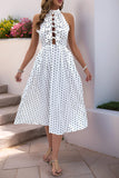 White Black High Neck A Line Long Polka Dot Dress with Bow