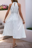 White Black High Neck A Line Long Polka Dot Dress with Bow