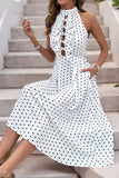 White Black High Neck A Line Long Polka Dot Dress with Bow
