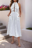 White Black High Neck A Line Long Polka Dot Dress with Bow