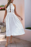 White Black High Neck A Line Long Polka Dot Dress with Bow
