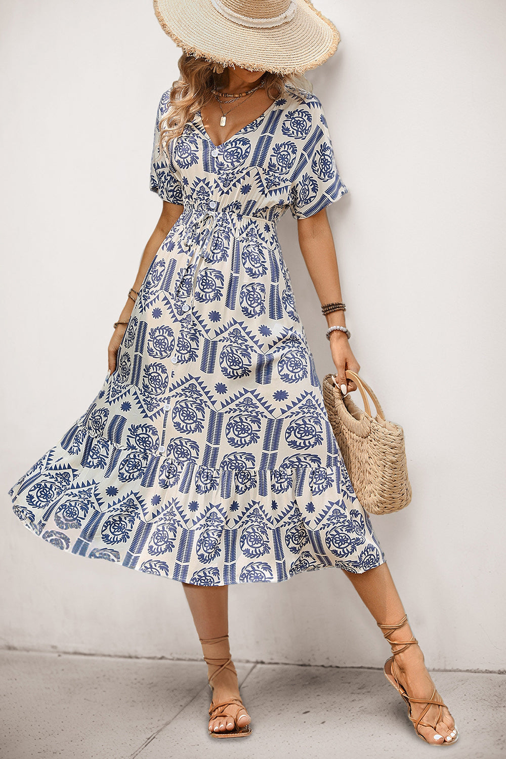 Blue Printed V Neck A Line Long Summer Dress with Short Sleeves