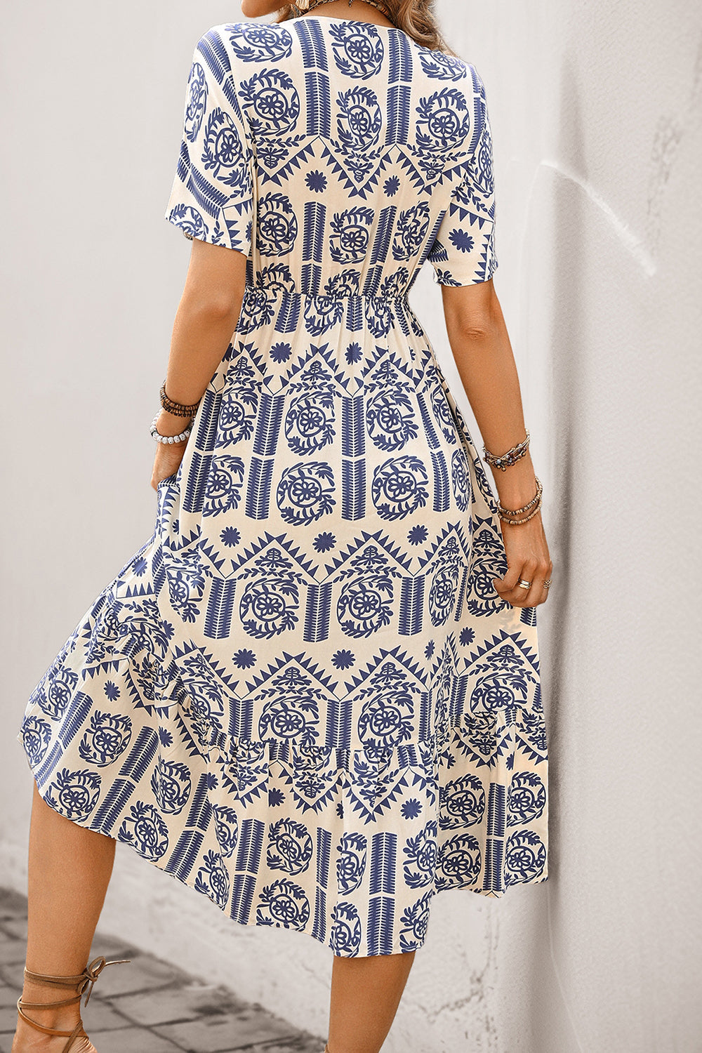 Blue Printed V Neck A Line Long Summer Dress with Short Sleeves