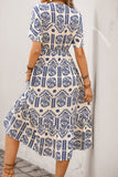 Blue Printed V Neck A Line Long Summer Dress with Short Sleeves